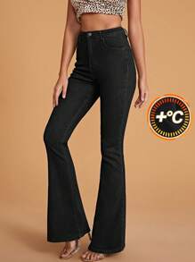 SHEIN Frenchy Quần jeans ống loe dáng ôm, màu trơn, đơn giản, thu/đông - màu đen - Xem 4
