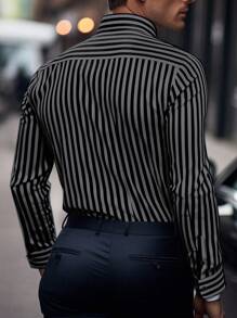 Manfinity Homme 男士单排扣条纹休闲日常衬衫，适合秋季穿着，复古风格，长袖上衣 - 灰色 - 查看 2