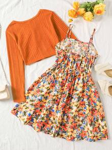 SHEIN Teen Girls 2-Piece Set: Brown Ribbed Knit Cardigan Shawl Jacket & Ditsy Floral Waist Tie Slip Dress, Vintage Casual Holiday Outfit - Multicolor - View 2