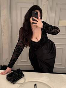 Flirla Plus Size Sweetheart Neck Long Sleeve Flocked Patchwork Ruffle Slit Romantic Elegant Vintage Black Dress For Dates, Parties, Galas Fall Cloth For Women - Black - View 3