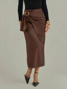 Modelyn Women's Fashionable & Versatile Elegant Metal Buckle Midi Skirt Fall Cloth For Women