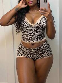2pcs/Set Women Leopard Print Lace Patchwork Camisole And Shorts Set - Multicolor - View 3