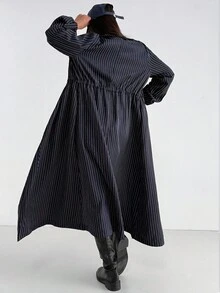 Aidyla 女式条纹海军蓝长袖通勤腰带隧道褶皱风衣，秋季 - 藏蓝色 - 查看 2