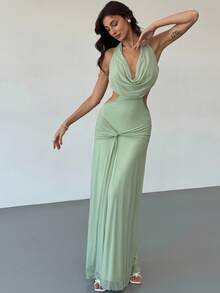 Aloruh Aloruh Đầm hở lưng cổ khoét sâu màu trơn dành cho nữ - Màu xanh lá cây đậm - Xem 2