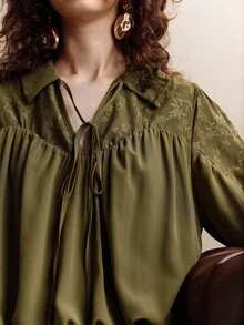 Revavyn 女式提花拼接长款宽松休闲连衣裙 - 軍綠色 - 查看 7