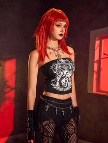 The Nun X SHEIN Top tubo con estampado de figura y cruz, verano para mujer - Negro - Ver 7