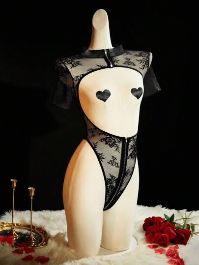 SpicyHot 2pcs Lace Patchwork Cutout Zipper Crotch Extremely Sexy Lingerie Set, Valentine's Day, Going Out, Baddie Look