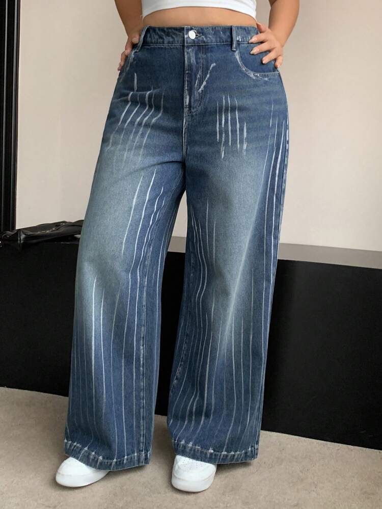 Dazy Plus Plus Size Women Dark Wash Asymmetrical Print Loose Straight Leg Long Jeans, All Season