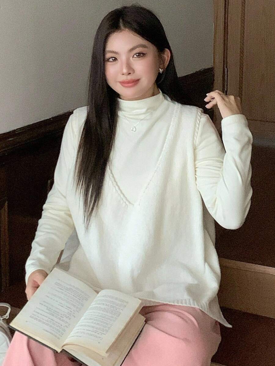 Dazy Plus 大码女式侧开衩V领宽松套头毛衣背心，秋冬 - 杏色 - 查看 1