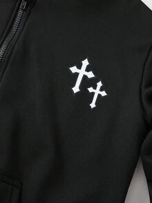PAVTROS Tween Boy Matching Casual All-Match Versatile Sports Chic Urban Street Cross Print Zip-Up Loose Sweatshirt In Black - Black - View 4