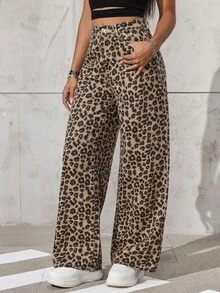 EMERY ROSE Women's Leopard Print Pocket Wide Leg Loose Casual Jeans Pants - Multicolor - View 4