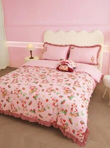 Strawberry Shortcake X SHEIN 3 Pc Cartoon Figure & Strawberry Gingham Ruffle Trim Bedding Set,Suitable For Single Bed/Double Bed/Queen Bed/King Bed, Dormitory/Home,Gift Ideas, Summer / Spring - Multicolor - View 8