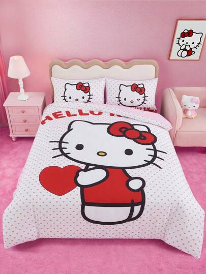 HELLO KITTY AND FRIENDS | SHEIN 3 件套卡通心形图案羽绒被套，采用拉绒面料制成，柔软温暖，多种尺寸可选，适用于单人/双人/大号/特大号床，适合卧室装饰