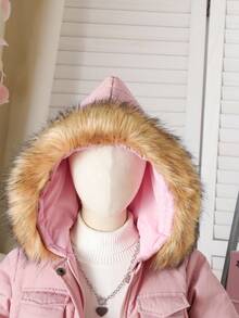 SHEIN 女童少女秋冬新款简约时尚百搭厚棉衣，带毛领，拉链，口袋，腰部收紧，棉服 - 粉色 - 查看 5