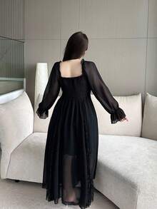 Flirla 优雅蕾丝边泡泡袖连衣裙，收腰，度假，海滩，生日，法式时尚 - 黑色 - 查看 2