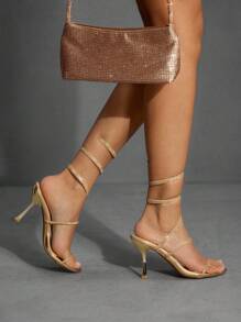 CUCCOO SZL 女士新款性感蛇纹闪亮水钻装饰金色高跟鞋，细高跟凉鞋，适合晚会、约会 - 金色 - 查看 11