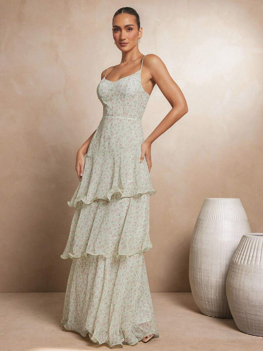 L'Amorae Women's Ditsy Floral Printed Triple Tier Maxi Dress Summer Birthday Wedding In Mint Green - Mint Green - View 1