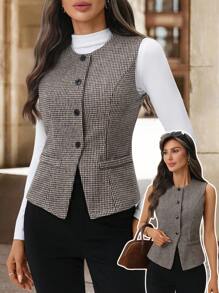 Editum 女士圆领棕色卡其格纹无袖背心，收腰设计，优雅休闲通勤衬衫，适合秋季、办公室、工作场合，春夏优雅正式。 - 棕色 - 查看 6