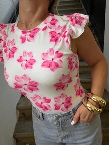 Jeta Ari Women's Casual Vacation, Western, Beach, Wedding Guest, Graduate, Brunch, St. Patrick's Day, Spring Break, Easter, Music Festival - Elegant Bohemian Tropical Floral Print Ruffle Sleeve T-Shirt Vest Top, Spring/Summer - Pink - View 3