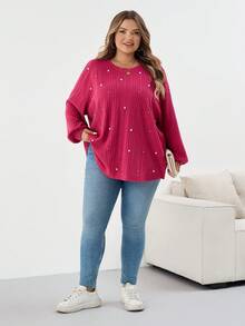 SHEIN CURVE+ Plus Size Autumn Pearl Detail Ribbed Knit Long Sleeve Top/Autumn /Winter - Hot Pink - View 6