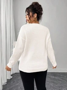 Elenzga Plus Size Women Solid Color Round Neck Long Sleeve Fuzzy Decor Fashion Pullover Sweater Winter Fall Autumn - White - View 2