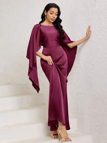 Veilorie 女士优雅摩卡棕色圆领斗篷袖鱼尾下摆缎面长裙 - 藕粉色 - 查看 3