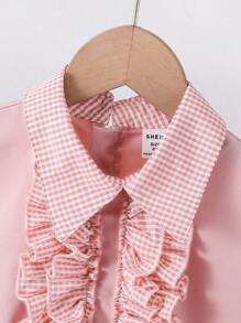 1pc Young Girl's Sweet Pink Plaid Patchwork Long Sleeve Shirt Dress,Hidden Zipper Back,Cute Ruffle Bow Dress For Party,Holiday,Autumn,Back To School - Multicolor - View 8