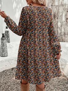 EMERY ROSE Casual Minimalist Ditsy Floral Pattern Loose Fit Round Neck Plus Size Dress, Suitable For Autumn/Winter - Multicolor - View 8