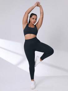 Easithlete Pantalones deportivos de compresión ajustados para mujeres de talla grande con diseño sin costuras y tela de secado rápido para yoga - Azul Marino - Ver 5