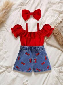 SHEIN Playful Pals Baby Girl Cold Shoulder Ruffle Trim Top & Bow Embroidery Denim Shorts & Headband