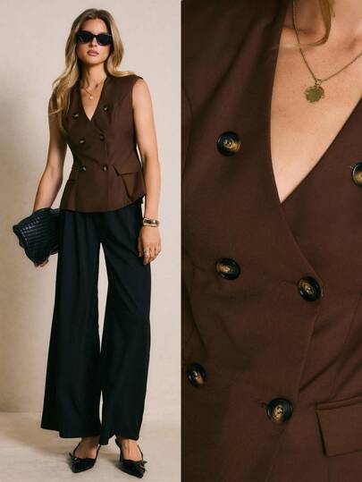 Poéselle Chocolate Brown Sleeveless  Blazer Vest | Tailored Waistcoat Top,Women's Solid Color Double-Breasted Casual Suit Vest,Sleeveless Blazer Women, Double Breasted Vest Top , Brown Blazer Vest,Office Chic Layering, Quiet Luxury Workwear,Minimalist Power Dressingfall,Office Outfits For Women, Clothes For Women