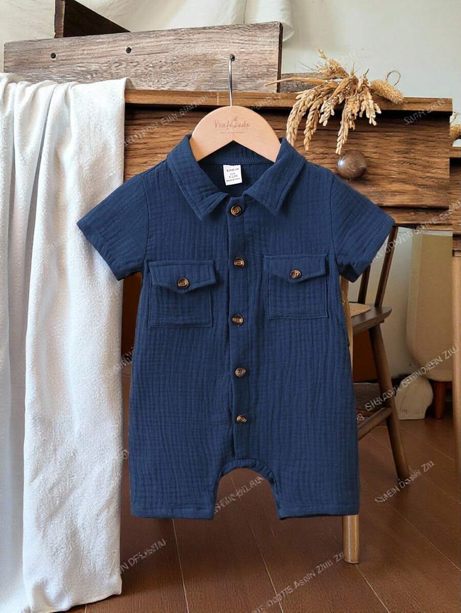 SHEIN Vintaside Kids 男婴休闲纯色翻盖口袋衬衫连体衣