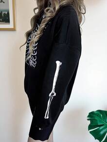 INAWLY 时尚骷髅印花圆领卫衣，秋冬 - 黑色 - 查看 5