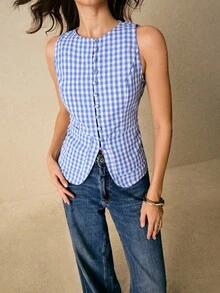 Poéselle Camisa de mujer sin mangas con decoración de botones en la cintura, estilo casual de verano a cuadros