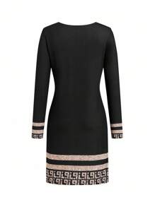 Ellevyn 女式圆领长袖修身针织几何印花黑色优雅休闲通勤短裙，秋季 - 彩色 - 查看 3