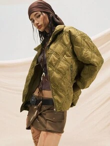 Easelle 复古游牧宽松立领棉服女式绗缝夹克女式夹克外套女式夹克秋冬 - 綠色 - 查看 7