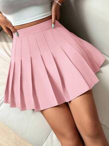 SHEIN PETITE 纯色褶皱优雅休闲通勤 Y2K 学院风女士褶皱裙、女式裤裙、女式短裤、春夏 - 粉色 - 查看 6