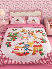 Strawberry Shortcake X SHEIN 3 PiecesStrawberry Print Bedding Set, Soft & Warm, Farmhouse Style, Fits Various Bed Sizes,Gift Ideas - Multicolor - View 1