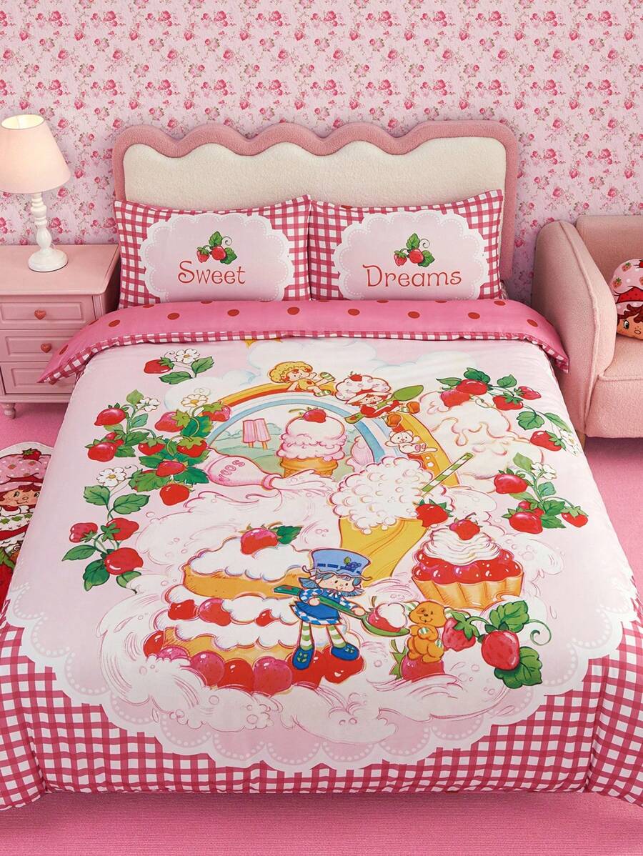 Strawberry Shortcake X SHEIN 3 PiecesStrawberry Print Bedding Set, Soft & Warm, Farmhouse Style, Fits Various Bed Sizes,Gift Ideas - Multicolor - View 1