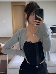 DAZY Basic Round Neck Retro Short Cardigan, Autumn/Winter - Grey - View 2