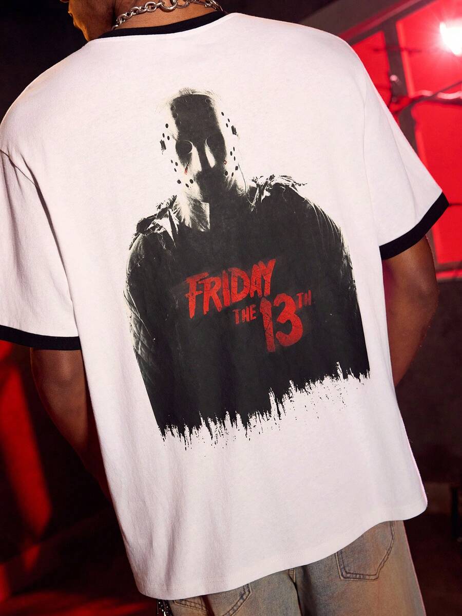WB Horror X SHEIN Men's Horror Movie Print Contrast Trim Short Sleeve T-Shirt, Summer, Emo - White - View 1
