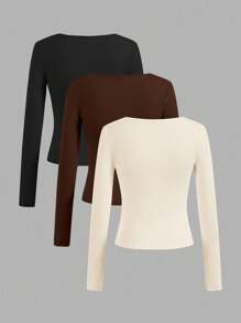 SHEIN EZwear 3 件女士休闲 U 领长袖紧身 T 恤，适合秋冬季 - 彩色 - 查看 2