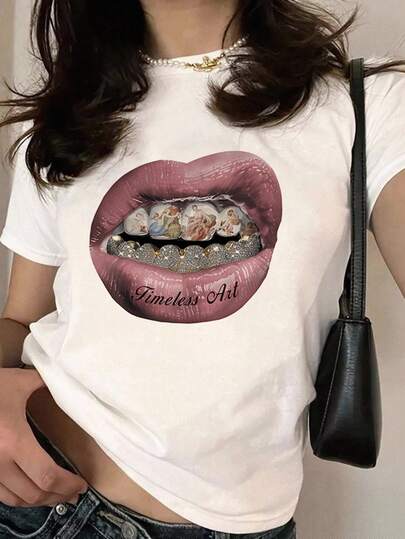 SHEIN EZwear Casual White Round Neck Slim Fit Women's T-Shirt With Red Diamond & Gold Tooth Lips Pattern Print, Suitable For Summer Back To School