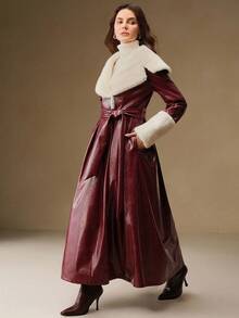 Anewsta Elegant High-Waisted Faux Fur Long Coat, Suitable For Autumn, Fall, Winter, Going Out, Elegant, Formal, Party, Chic, New Year, Christmas, Graduation, Wedding, Burgundy