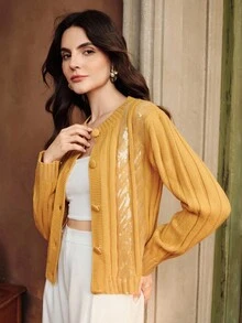 Anewsta Sequin Embellished Twist Flower Elegant Cardigan, Suitable For Autumn, Winter, Going Out, Formal, Party, Chic, New Year, Christmas, Work, Graduation, Wedding