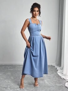 Elenzga 女式夏季时尚休闲通勤方领收腰喇叭下摆牛仔连衣裙 - 藍色 - 查看 5