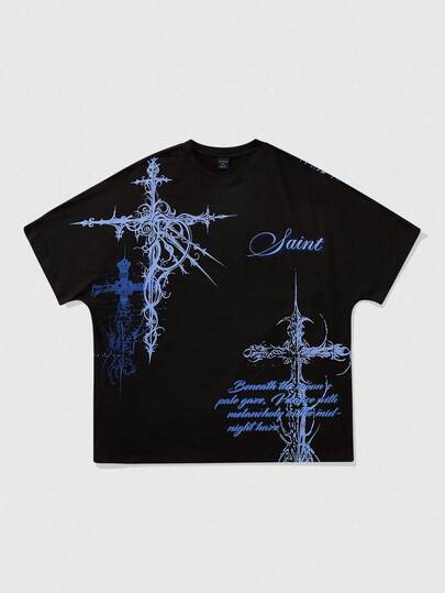 Goth Men's Batwing Sleeve Cross Printed Short Sleeve T-Shirt, Halloween, 2000s Style