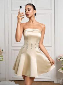 Poshira Women's Elegant Party Rhinestone Decor Satin Strapless Cocktail Dress Sequin Dress  Lace Dress Beige Dress Luxury Evening Dresses For Women - Champagne - View 7