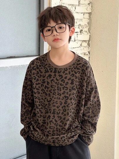 DAZY 宽松版型男童豹纹圆领T恤，休闲，秋季