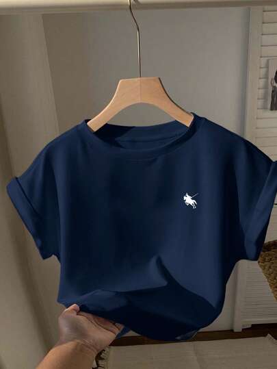 Comfortcana Navy Blue Casual Minimalist Horse Print Loose Fit Cropped Short Sleeve Round Neck T-Shirt For Women, Suitable For Summer